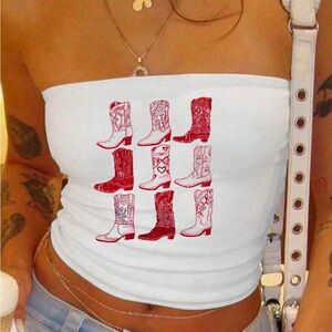 SHEIN White Strapless Crop Top with Red Boot Design